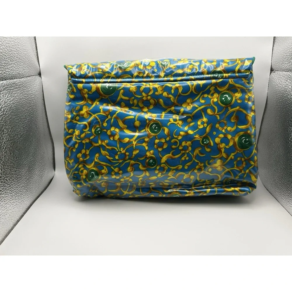 Vintage 90s Oscar de la Renta Blue Gold PVC Cosmetic Make Up Travel Bag